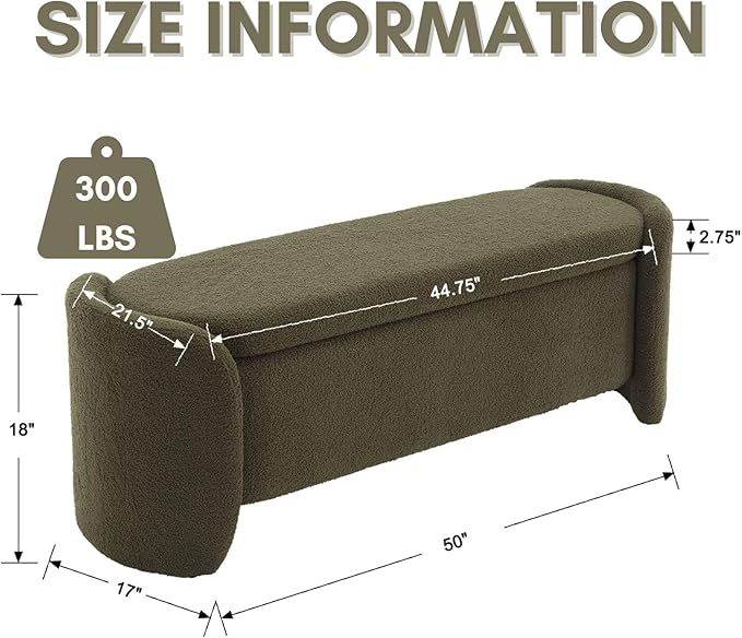 ROCTY Green Boucle Storage Bench - 50" Sherpa End of Bed Ottoman with Seating and Storage for Bedroom, Entryway, Living Room, Vanity or Makeup Room - Teddy Fabric
