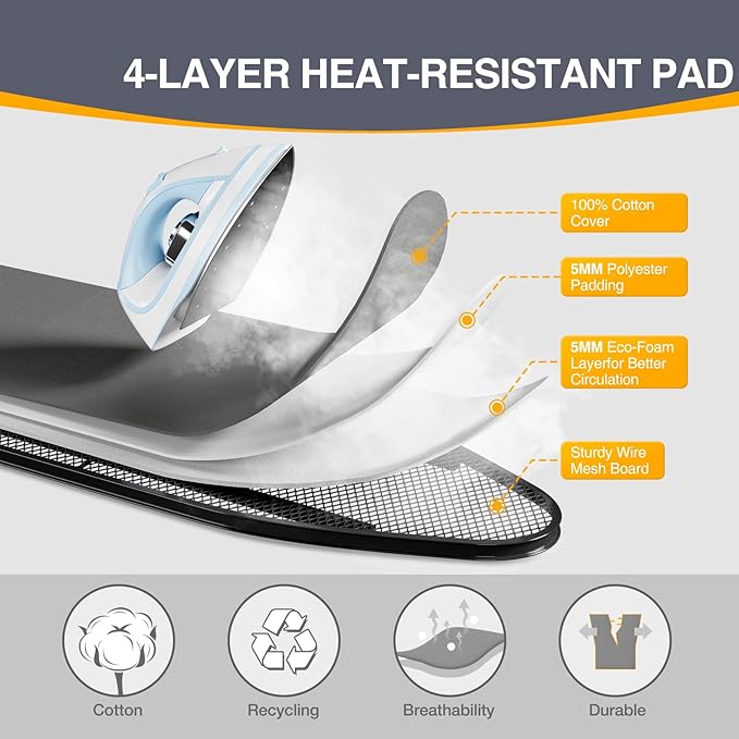 APEXCHASER Ironing Board, Full Szie Iron Board with Iron Rest,Height Adjustable,Extra Thick Heat Resistant Cover with Sleeve Board 15x45 Grey