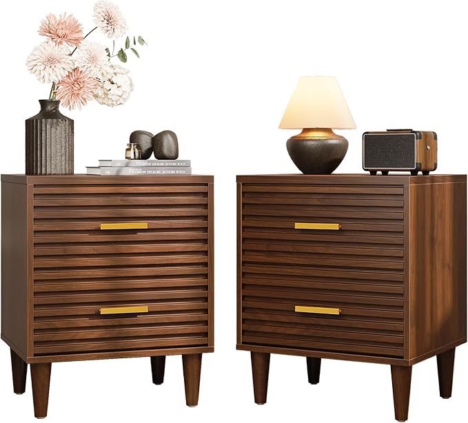 Alohappy Nightstands Set of 2, Mid Century Modern Night Stands, Fluted Bedside Table for Bedroom, Side End Table with Storage Drawers, Vintage Wood Accent Table for Living Room, Brown 2pcs