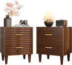 Alohappy Nightstands Set of 2, Mid Century Modern Night Stands, Fluted Bedside Table for Bedroom, Side End Table with Storage Drawers, Vintage Wood Accent Table for Living Room, Brown 2pcs