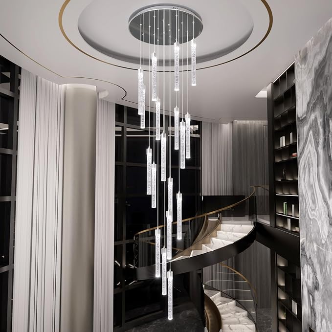 H125'' Modern Crystal Chandeliers for Entryway 18-Lights LED Dimmable Chandeliers Lighting Fixture Large Pendant Light for Staircaes Living Room Villa