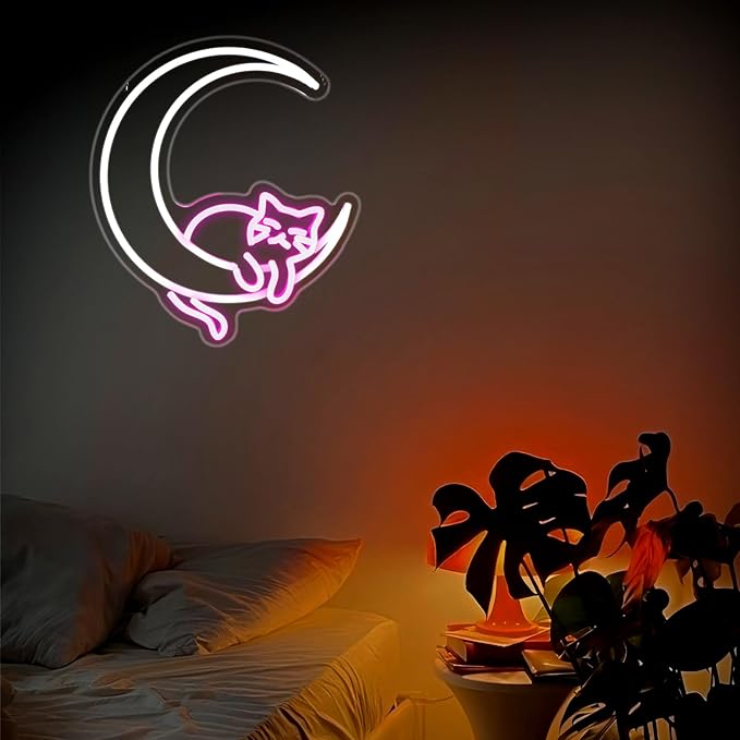 Moon Cat Neon Sign, Neon Signs for Wall Decor LED Light Up Signs Home Decor for Bedroom Club Party Bar Shop USB Operated