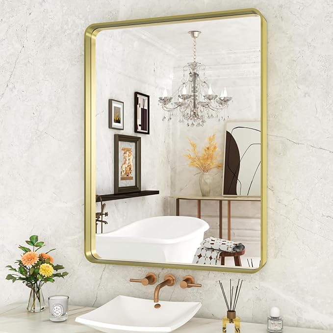 WEER Gold Bathroom Mirror, 24X32 Inch Brushed Gold Metal Frame Mirror, Rounded Rectangle Gold Bathroom Vanity Mirror for Wall, Tempered Glass, Anti-Rust, Hangs Horizontally or Vertically