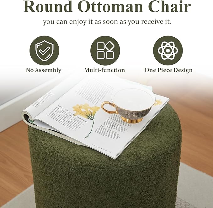 Modern Round Ottoman 2Pcs, Classic Foot Stool Ottoman, Teddy Fleece Upholstered Vanity Stool for Makeup, Bedroom, Living Room, Dark Green