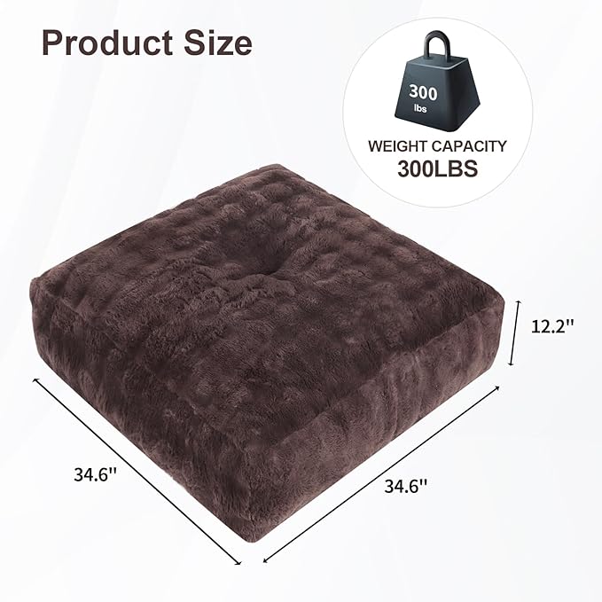 Square Pouf Ottoman, Comfy Lazy Floor Footrest with Memory Foam Filling, Fluffy Bubble Ottoman for Living Room, Office, Brown