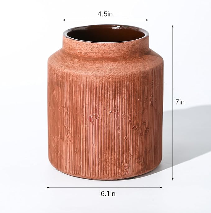 Farmhouse Vase for Home Decor, Vintage Rustic Terracotta Flower Vase Suitable for Home Decor, Living Room, Shelf, Dining Table. Rust Red 7IN.