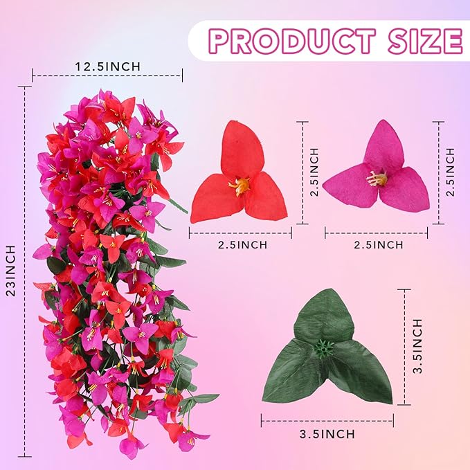 Artificial Bougainvillea Flowers for Outdoor Plant,4 pcs Faux Hanging Flowers Bougainvillea for Outside Decoration,Fake Silk UV Resistant Vines for Front Door Porch(Rose red+Fuchsia)