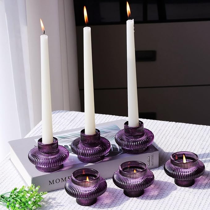 VOHO Purple Taper Candle Holders Ribbed Glass Gifts, 6 A Pack Candlestick Holders for Table Centerpiece Christmas/Halloween Decorations, Versatile Candle Holders for Candlesticks or Tea Lights Candles