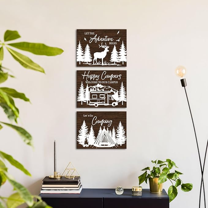 HOMEOART Camper Decor RV Wall Art Happy Campers Adventure Camping Wall Decor Sign, Deer in Forest Farmhouse Cabin Decoration,Framed 12x16inchx3Piece, Rustic Brown