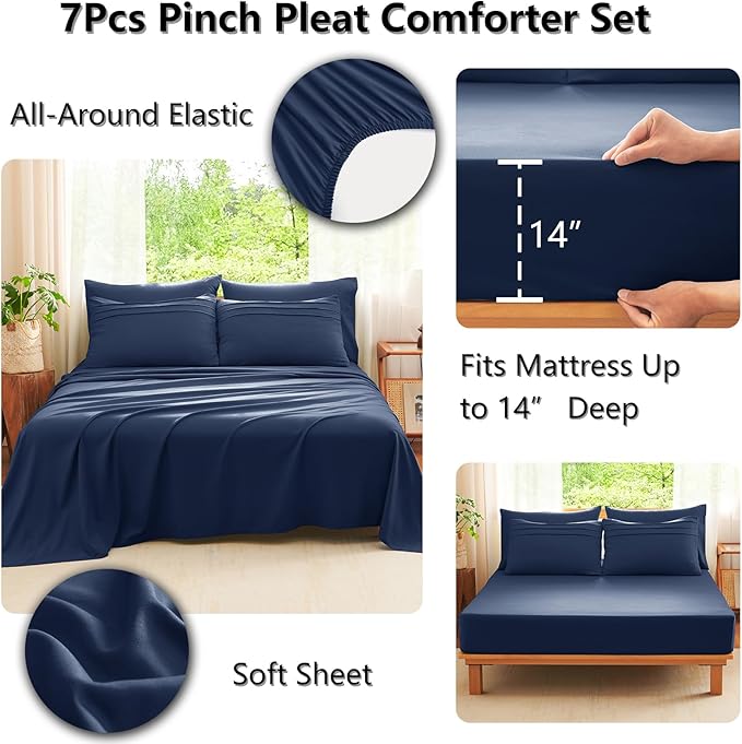 CozyLux King Size Comforter Set Navy Blue, 7 Pieces Soft Pinch Pleat Bed in a Bag King Comforter Set with Sheets, Boho Bed Set with Down Alternative Comforter, Sheets, Pillowcases & Shams