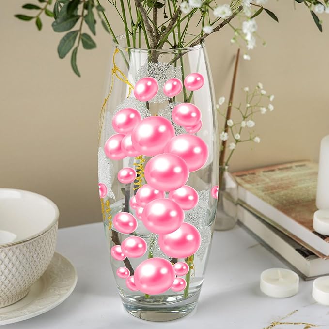 100PCS Fuchsia Faux Pearls Beads for Centerpiece Vases, Vase Filler Faux Pearls, No Holes Filler Beads for Party Anniversary Birthday Wedding Table Decor, 14/20/30mm