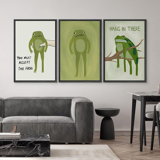 SIGNWIN Framed Canvas Print Wall Art Whimsical Frog Humorous Green Frog Photography Modern Art Minimalist Black and White for Living Room, Bedroom, Office - 24"x36"x3 Black