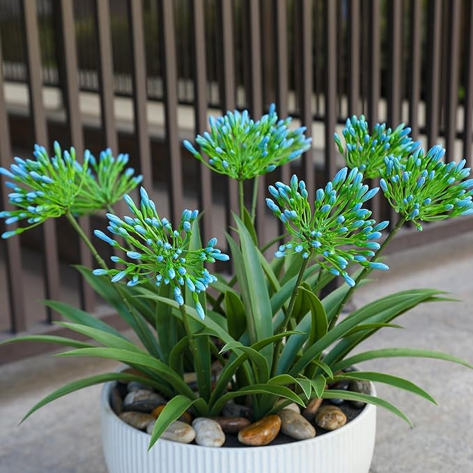 Artificial Agapanthus Africanus Fake African Lily Blue Flowers Fake Plants Outdoor Spring Summer Decoration Realistic Faux Greenery for Front Door Porch Planter Decor