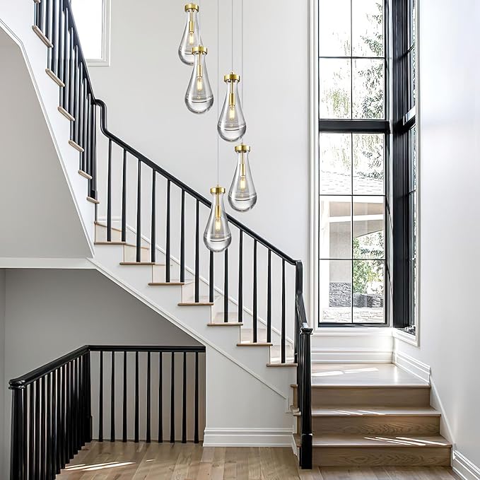 Raindrop Pendant Lights Kitchen Island Teardrop Gold Hanging Light Fixtures Clear Solid Glass Pendant Light Modern Chandeliers for Dining Room Porch Corridor Living Room(5-Light)