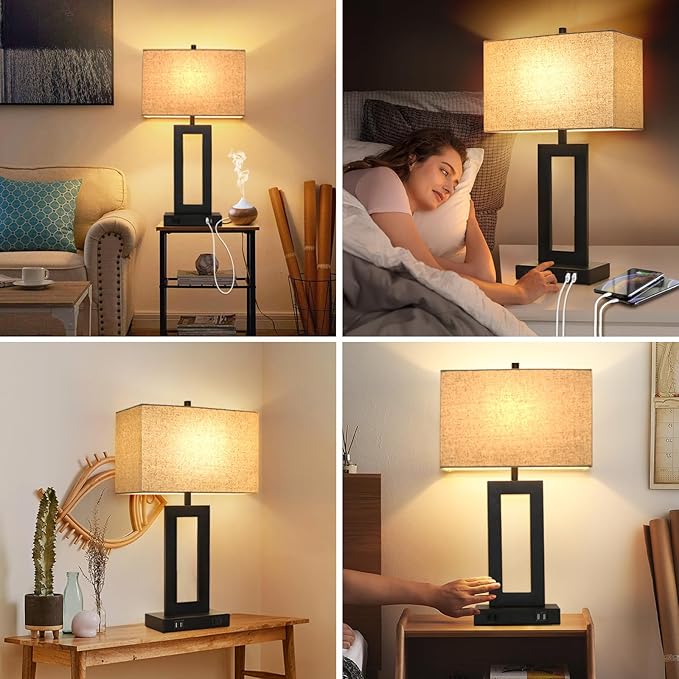 28’’ Tall Lamps for Living Rooms Set of 2, Modern Black Touch Control Table Lamps for Bedroom, 3 Way Dimmable Bedside Lamps with 2 USB Ports&AC Outlet, High-end Decor Lamp for Home Office