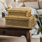 Rattan Box for Home Decor with Lid - Rectangular Coastal Bohemian Style Stackable Decorative Storage Box Set - Handmade from Natural Rattan, Cedar & Real Glass