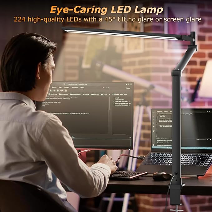 LED Desk Lamp for Home Office, Eye Caring Architect Desk Light with Remote, Dual Screen Computer Monitor Light with Stepless Dimming, Stepless Color Temp, Memory Function for Study, Workbench Black