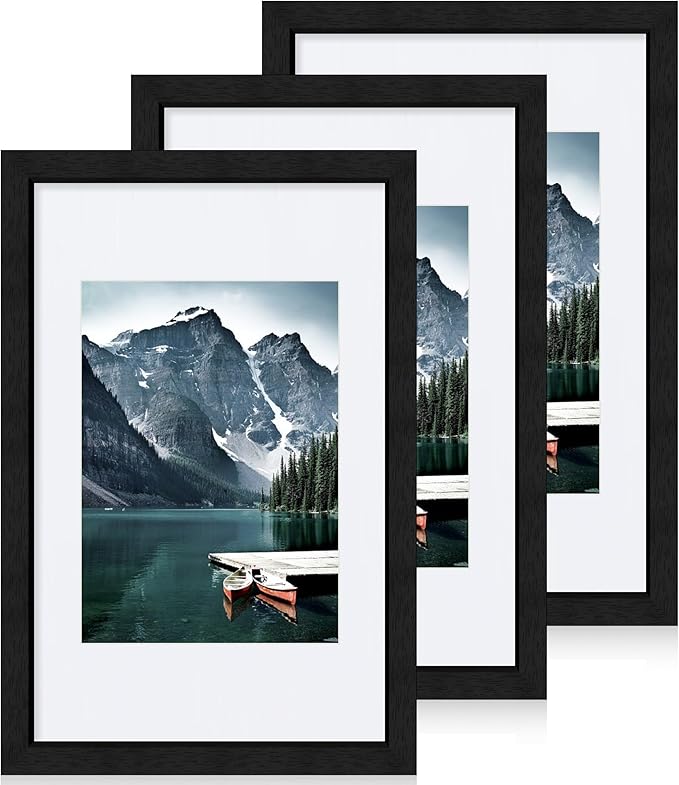 8x12 Black Picture Frames set of 3, Made of Wooden and Glass Photo frame - Displays 6x8 Picture with Mat or 8 x 12 Poster without Mat, Desktop & Wall Collage Frame set