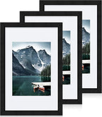 8x12 Black Picture Frames set of 3, Made of Wooden and Glass Photo frame - Displays 6x8 Picture with Mat or 8 x 12 Poster without Mat, Desktop & Wall Collage Frame set