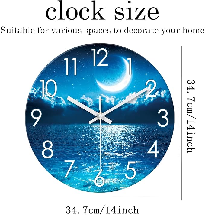 XFM Blue Moon Clock Kitchen Decorative Wall Clock Battery Operated 14 Inch Silent Wall Clock Non Ticking Glass Analog Clock