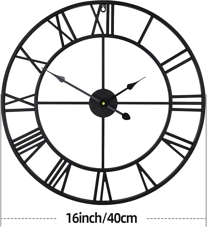 1st owned 16 inch Wall Clock - Metal Retro Roman Numeral Wall Clock, Almost Silent, Easy to Read for Living Room Decor/Home/Kitchen/Bedroom/Office/School(Black)
