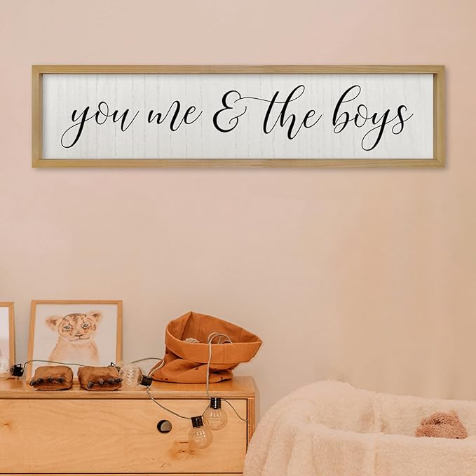 ZZJJHYWGQ You Me & The Boys Sign 32"×8" Playroom Kids Wall Decor Modren Nursery Baby Boy Home Wood Framed Living Room Horizontal Wall Art (Wood)