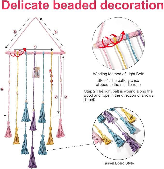 Homecor Room Decor for Teen Girls, Hanging Photo Display Macrame Picture Collage Wall Decor, Boho Decor for Bedroom Apartment Dorm Room with Remote Light, Christmas Birthday Gifts for Teenage Girls