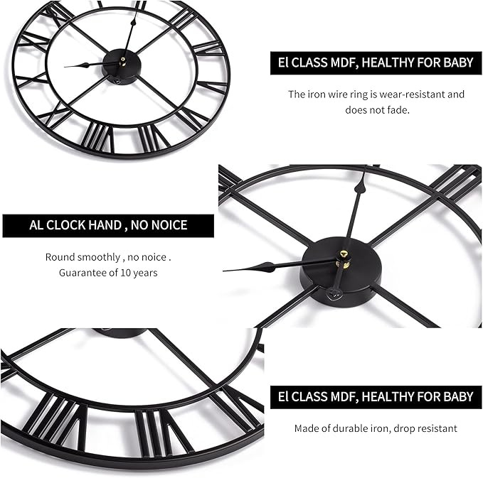 1st owned 16 inch Wall Clock - Metal Retro Roman Numeral Wall Clock, Almost Silent, Easy to Read for Living Room Decor/Home/Kitchen/Bedroom/Office/School(Black)
