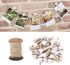 Pandahall 100pcs White Heart Clothespins Wooden Photo Paper Peg Pin Craft Clips with 10.9 Yards Natural Jute Twine for Paper Photo Display Hanging Home Party Wedding Decoration