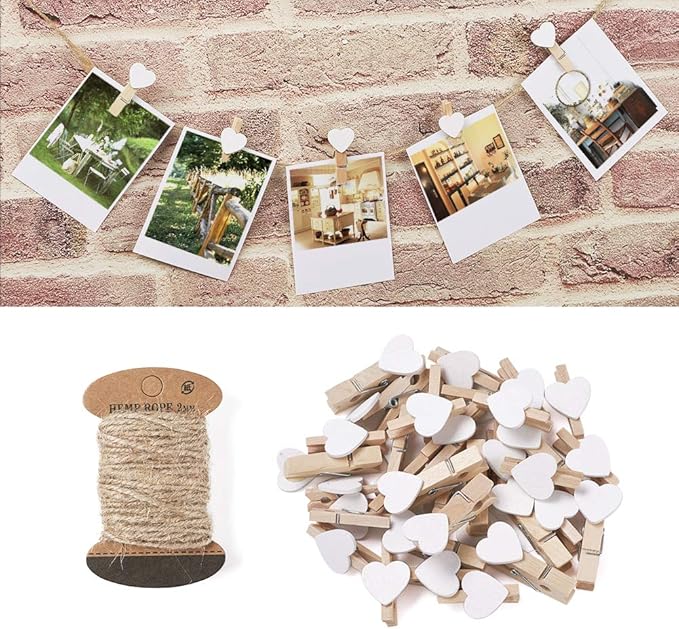 Pandahall 100pcs White Heart Clothespins Wooden Photo Paper Peg Pin Craft Clips with 10.9 Yards Natural Jute Twine for Paper Photo Display Hanging Home Party Wedding Decoration