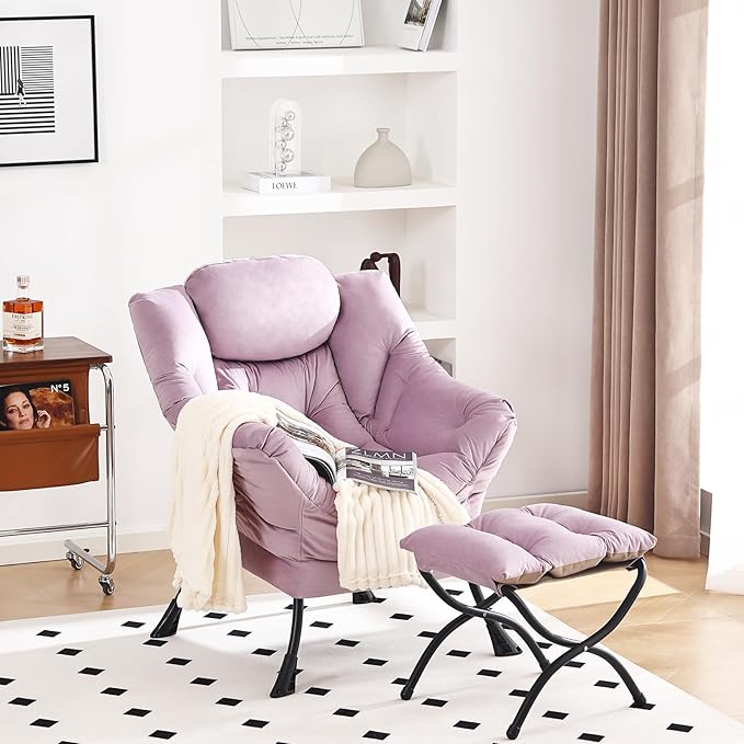 Lazy Chair and Ottoman, Large Accent Lounge Chair with Armrests and a Side Pocket, Modern Leisure Upholstered Sofa Reading Armchair with Footrest for Bedroom, Living Room, Dorm Rooms, Office