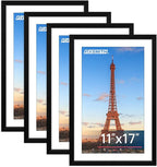 FIXSMITH 11x17 Picture Frame Set of 4, Photo Frame with HD Plexiglass, Display Pictures 9x15 with Mat or 11x17 Without Mat, Black Picture Frames Collage Wall Decor, Gallary Wall Frame