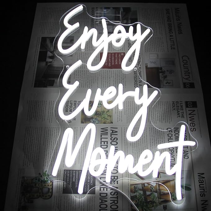 Enjoy Every Moment Neon Signs for Wall White Letter Neon Lights LED Letter Sign Dimmable Words Light Up Signs for Bedroom Bar Restaurant Salon Party Decor