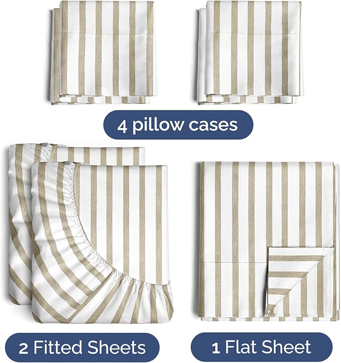 Split King Sheets Set 7 Piece - Includes 4 Pillowcases - Bed Sheets Split King - Soft Hotel Luxury Bedding - Cooling and Breathable - 1 Flat & 2 Fitted & 4 Pillowcases w/ Deep Pockets - Beige Stripes