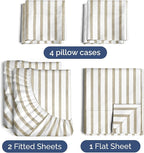 Split King Sheets Set 7 Piece - Includes 4 Pillowcases - Bed Sheets Split King - Soft Hotel Luxury Bedding - Cooling and Breathable - 1 Flat & 2 Fitted & 4 Pillowcases w/ Deep Pockets - Beige Stripes