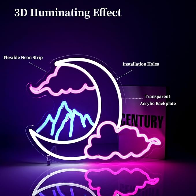 Cloud Moon Mountain Neon Sign Led Neon Lights Neon Signs for Wall Decor Light Up Sign for Birthday Party Club Gift