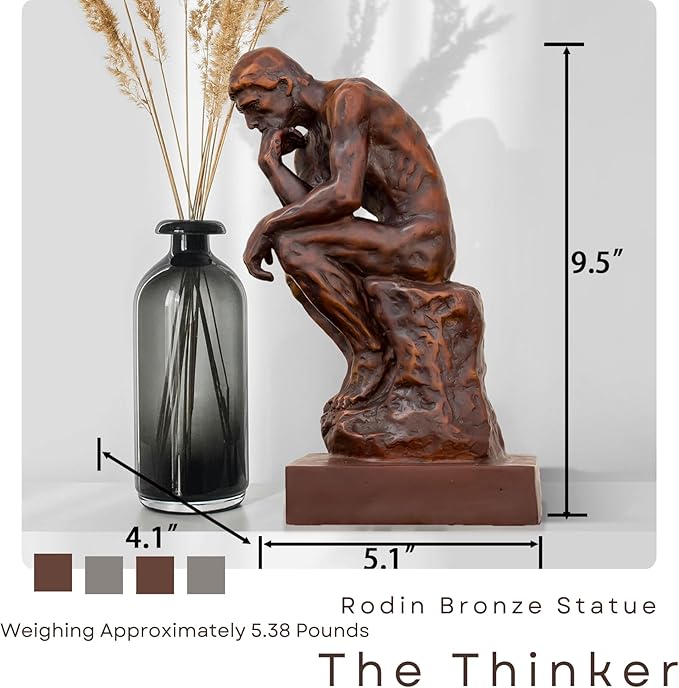 【9.5" Pure Bronze Statue】 The Thinker Bronze Statue Rodin Sculpture Ornament for Home Office Decor Famous Art Craft Collection