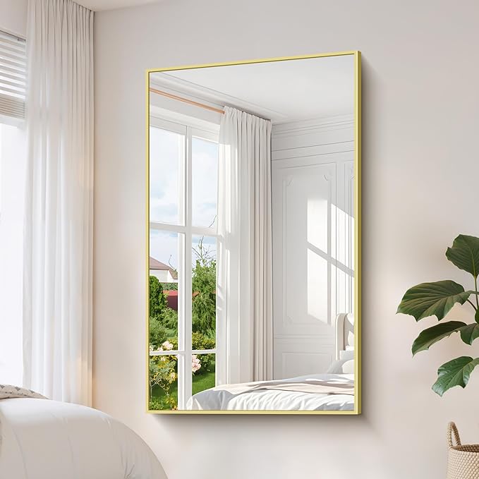 YIROMAN Bathroom Mirror 60"x36", Large Brushed Gold Bathroom Mirror for Over Sink with Aluminum Frame, Rectangular Vanity Mirror with Right Angle, Wall Mirror Hangs Horizontal or Vertical