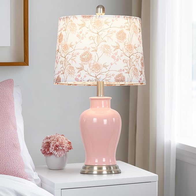 Pink Ceramic Table Lamp with Flower Lampshade, 23" Cute Bedroom Lamp with Ginger Jar Design, Modern Living Room Lamps Set 2, Elegant Bedside Lamps for Nightstand End Table Home Decor