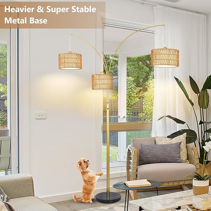 Modern Gold Floor Lamp for Bedroom, Arc Standing Lamp for Living Room, Dimmable Boho Rattan Tall Lamp, Farmhouse Floor Lamps for Office Decor, Height Adjustable Arched Lamp, Over Couch Reading Lamp
