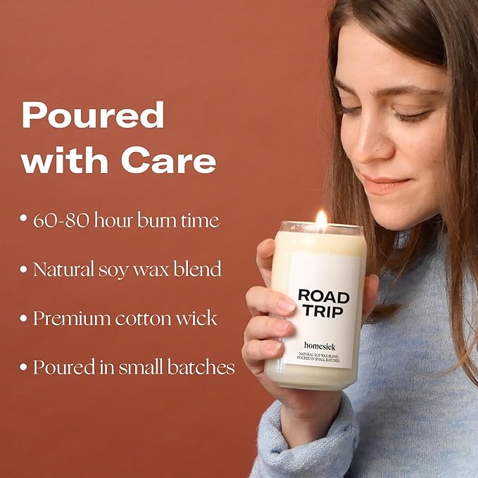 Homesick Scented Candles for Home (Road Trip) - 13.75 oz Long-Lasting Natural Soy Wax Blend Jar Candle Gifts for Women & Men for All Occasions, 60-80 Hours Burn Time - Notes of Lime, Leather & Marine