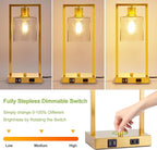 16" Set of 2 Gold Industrial Table Lamps with USB A+C Charging Ports and AC Outlet, Fully Stepless Dimmable Bedside Lamps with Seeded Glass Shade for Bedroom Living Room Office, LED Bulbs Included