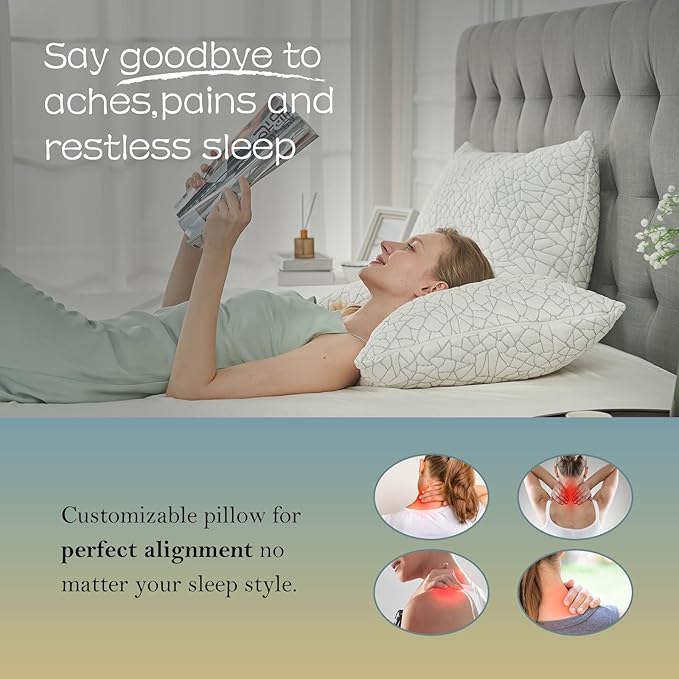 Shredded Memory Foam Pillow for Sleeping, Cooling Full Body Pillows for Adults, Adjustable Soft and Firm Pillows or Side, Back, Stomach Sleepers with Washable Removable Bed Pillow Cover