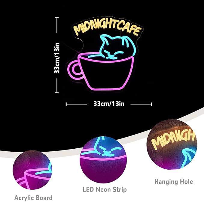 Midnight Cafe Neon Sign for Wall Decor Cat Neon Light Coffee Led Neon Signs Colorful LED Neon Light for Coffee Shop Dessert Shop Bakery Cafe Dcoration