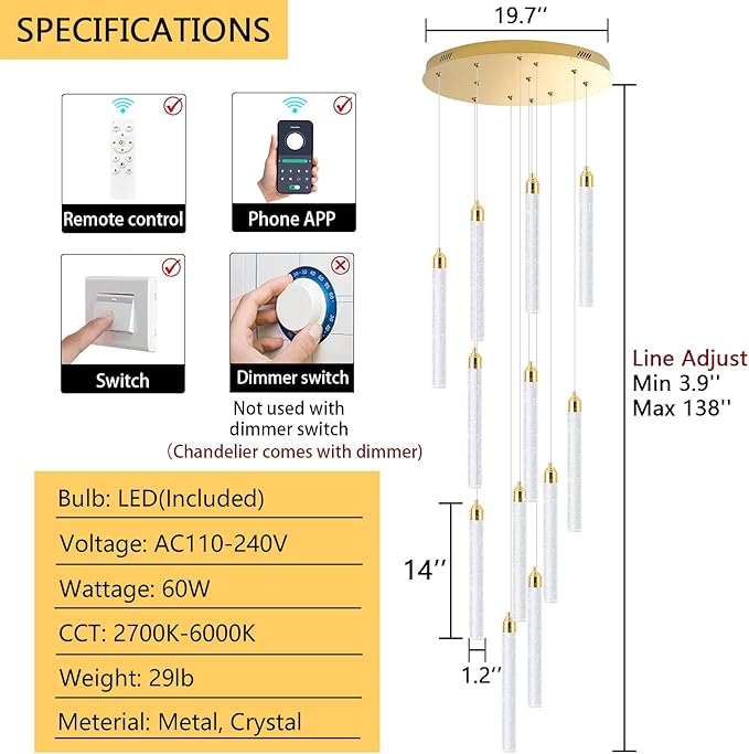 12-Lights Chandelier LED Dimmable Chandeliers for Entryway Flush Mount Ceiling Pendant Light Fixture Crystal Chandeliers for Living Room Gold Finished Lighting Modern High Ceiling Chandelier