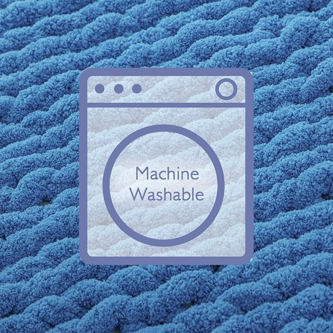 Bigacogo Chunky Knit Throw Blanket for Couch, 40x40 inches, 100% Hand Knitted with Thick Jumbo Chenille Yarn, Cozy Soft Large Rope Knot Cable Crochet Blankets for Sofa Bed Living Room, Bright Blue