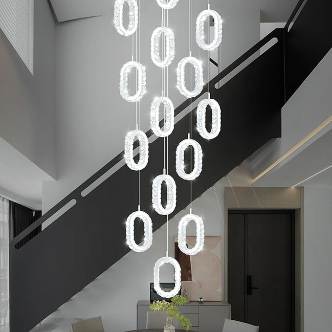 Large Crystal Chandeliers for Stairs Long Spiral Chandeliers for High Ceilings LED Crystal Ring Chandelier Dimmable 2700K-6000K 16-Light Silver