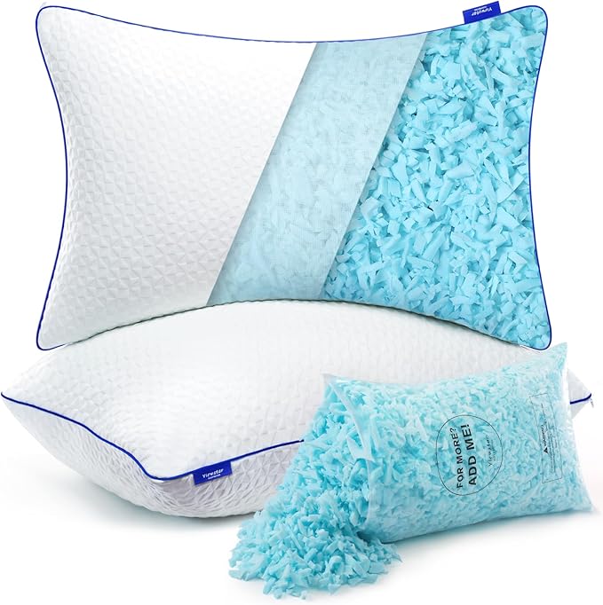 viewstar Memory Foam Pillows King Size Set of 2, Adjustable Firm Pillows for Side Back Stomach Sleepers, Shredded Gel Pillows for Sleeping 2 Pack with Washable Removable Cover 19"x 33"