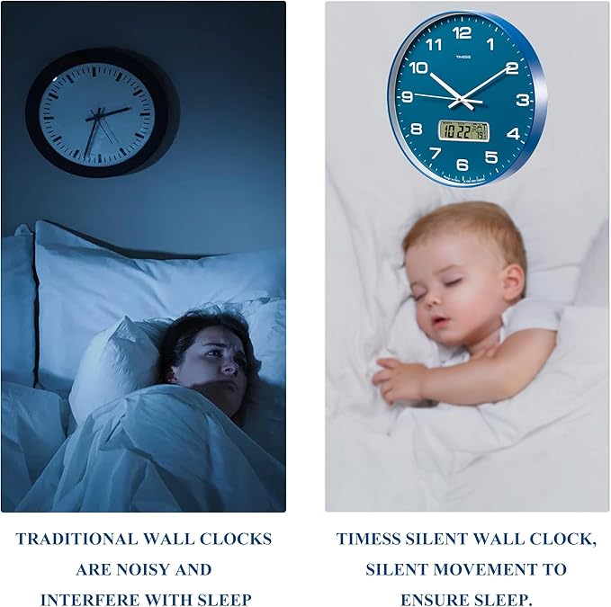 Wall Clock, 14" Large Dial Non-Ticking Silent Battery Operated Analog with LCD Display for Perpetual Calendar and F° Temperature, Ideal Modern Home, Bedroom, Kitchen, Office Decor (Blue)