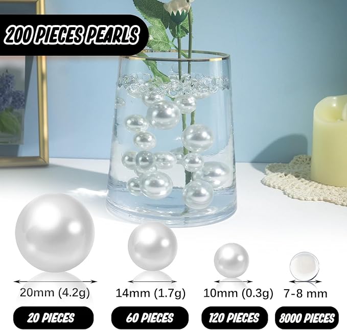 200 PCS Pure White Vase Fillers, Pearls Bead for Centerpieces Vases, 10/14/20 MM No Hole Beads, Fake Pearls for Wedding Birthday Anniversary Theme Party Table Centerpieces Decor